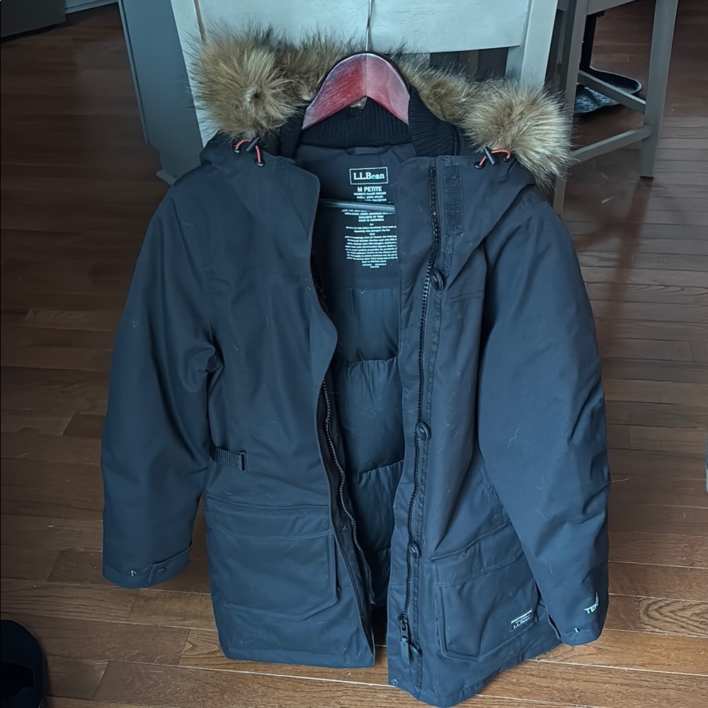 L.L.Bean Medium Petite Black DOWNTEK Parka with Faux Fur Hood
